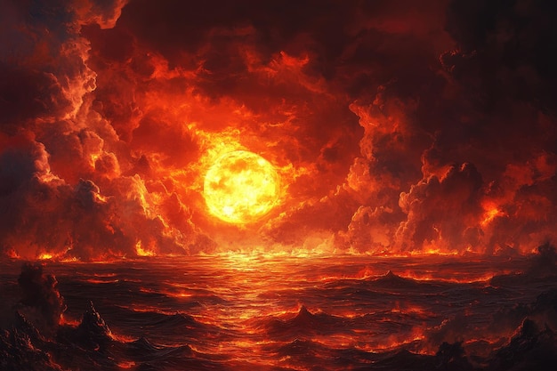 Photo fiery sunset over a lava sea