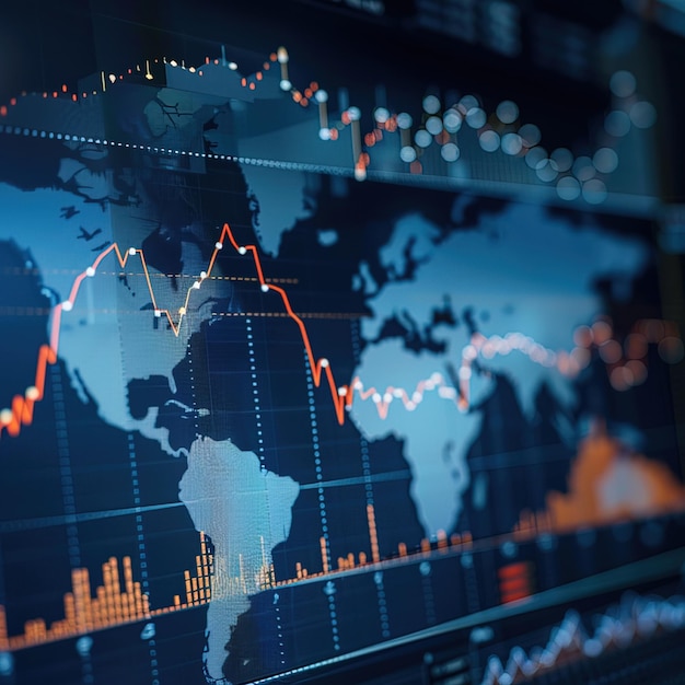 Photo financial graph on global map representing stock market and investment