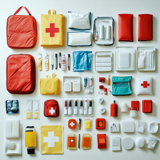 Photo first aid kit variety pack top view of essential supplies on white background