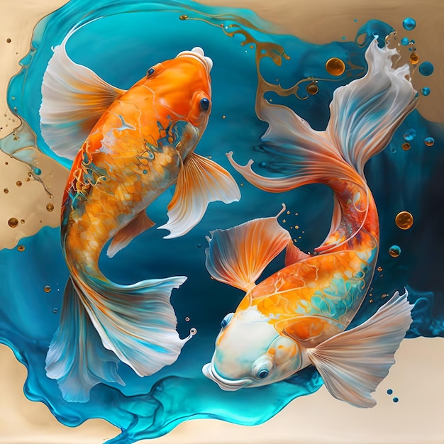 Photo fish koi carps hand alcohol ink japanese art generative ai