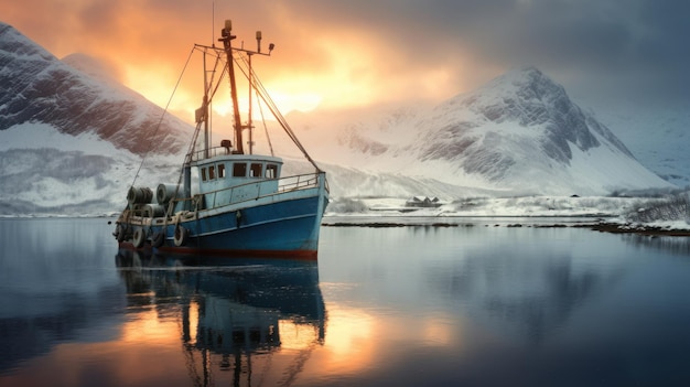 Photo fishing boat winter in the ice ocean norway