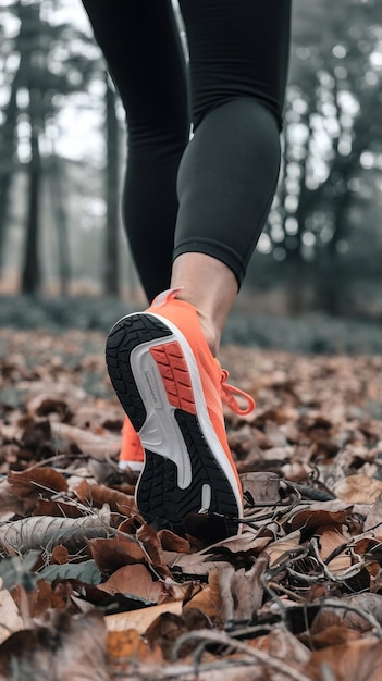 Photo fit female jogger trning for cross country forest trl race in nature park detl of running trl shoes