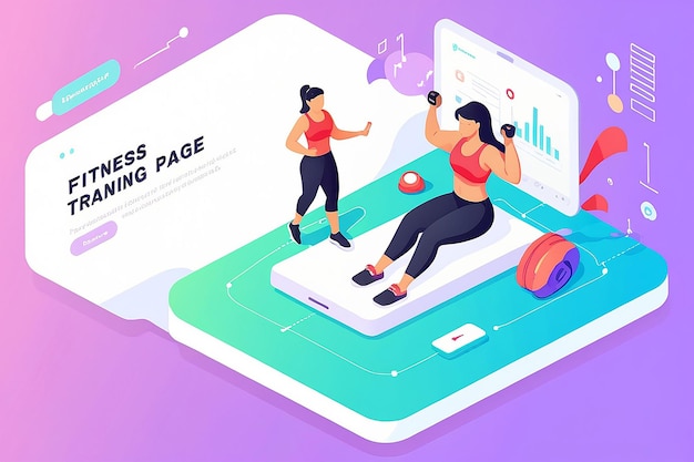 Photo fitness app training isometric landing page banner