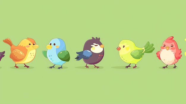 Photo five cartoon birds of different colors in a row against a green background