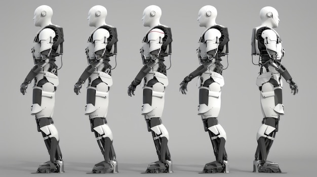 Photo five humanoid robots standing in a row showcasing technological advancement