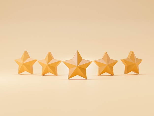 Five yellow golden stars for excellent evaluation from client and customer satisfaction concept by 3d render illustration