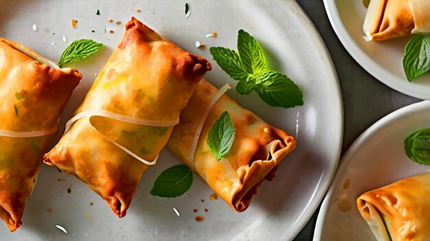 Foto rotoli di uova a schegge impilati l'uno sopra l'altro con foglie di menta spruzzate di nuovo intorno a loro