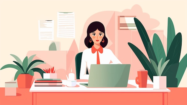 Photo flat design of busy secretary in front of laptop