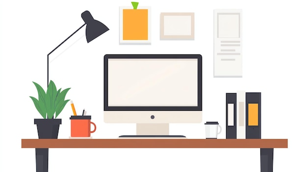 Photo a flat illustration of a clean desk with a computer a clock a lamp and office supplies