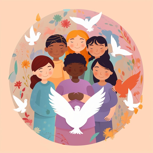 Photo flat illustration depicting children from different countries dove of peace children's day