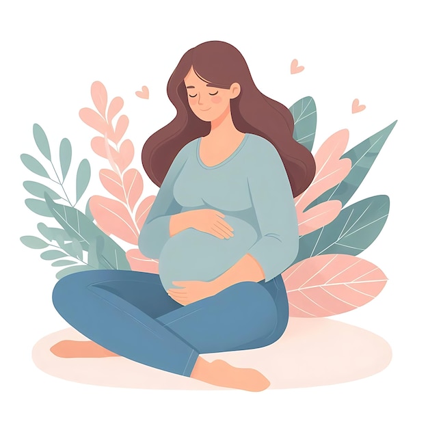 Photo flat illustration of a pregnant woman standing with leaves on white background