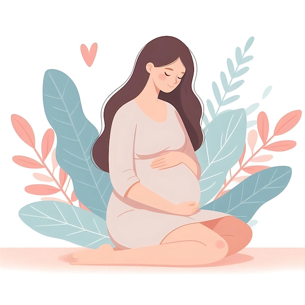 Photo flat illustration of a pregnant woman standing with leaves on white background