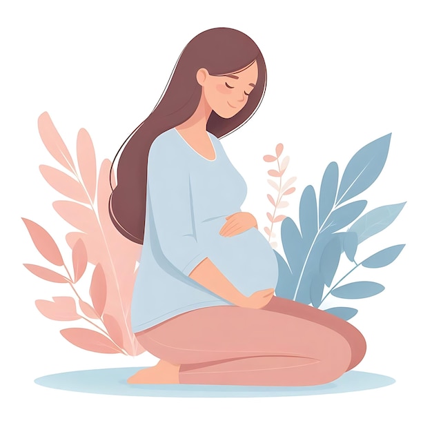 Photo flat illustration of a pregnant woman standing with leaves on white background