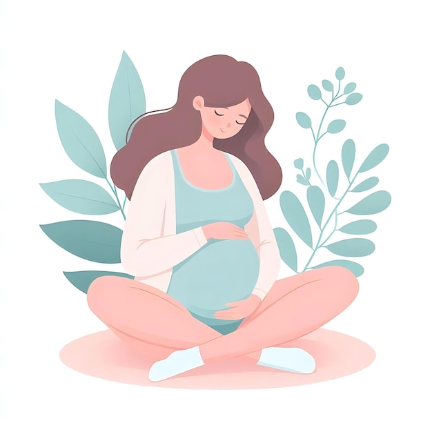 Photo flat illustration of a pregnant woman standing with leaves on white background