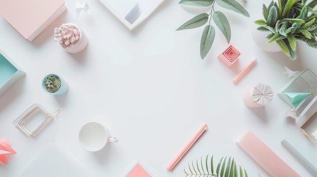 Photo flat lay of desk with pastel colors and plants a flat lay of a white desk with pastelcolored stat