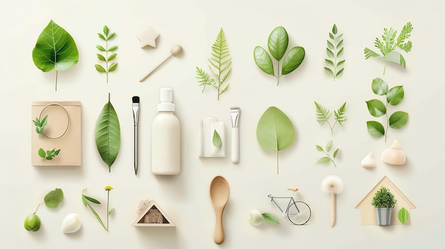 Photo flat lay of green leaves natural products and ecofriendly items