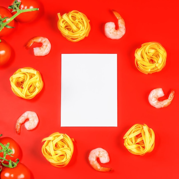 Flat lay photo of Ingredients for italian pasta on red background