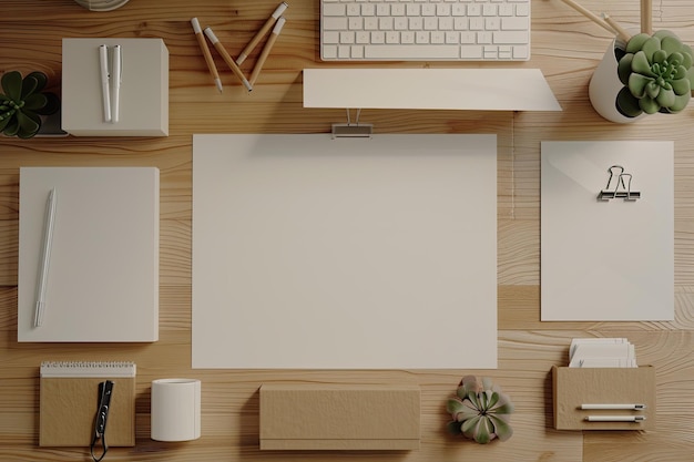 Photo flat lay of stationery on wooden desk