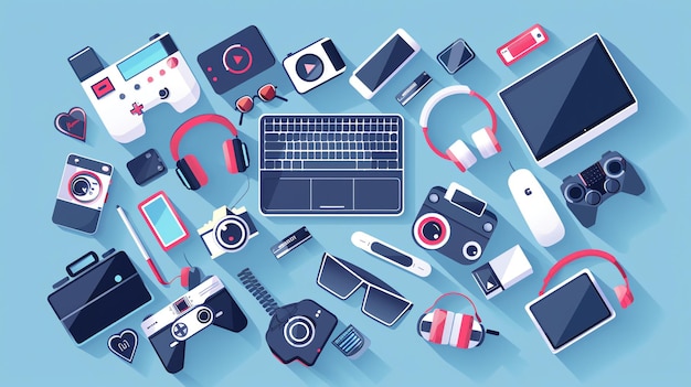 Photo a flat lay of various electronic devices including a laptop phone tablet camera game controller and headphones