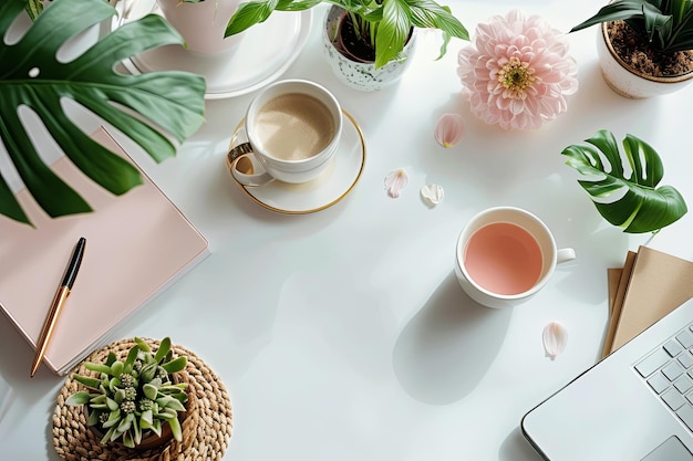 Photo flat lay white table with a laptop a cup of coffee and a cup of tea the table is surrounded by potted plants and flowers concept of relaxation and productivity