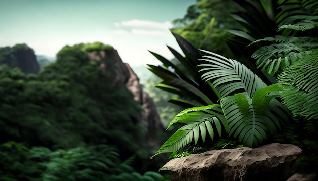 flat stone podium and tropicle leaves natural backdrop generated by AI