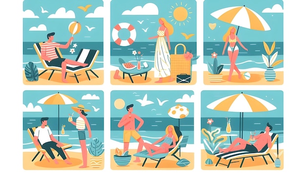 Photo flat vector illustration of a happy young couple summer vacation travel