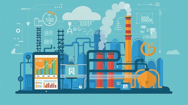 Photo flat vector illustration of industrial plant with data analytics and ecofriendly design