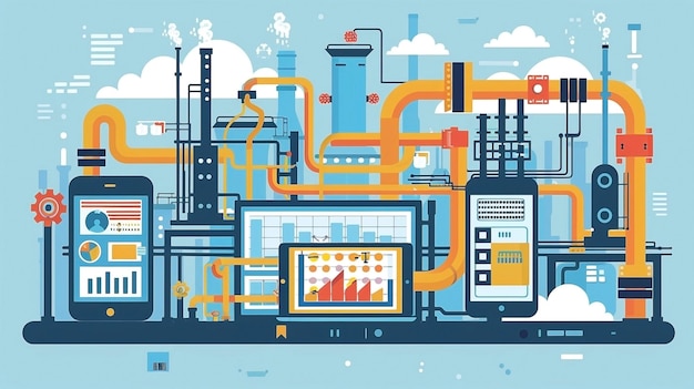 Photo flat vector illustration of industrial plant with data analytics and ecofriendly design