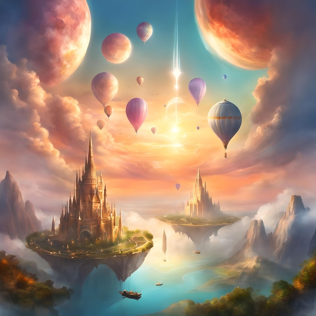 Photo floating civilization in the sky of fantasy