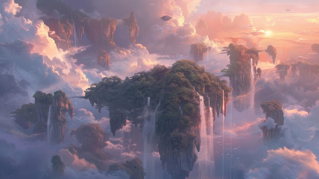 Photo floating islands and waterfalls in pastel clouds with lush cliffs