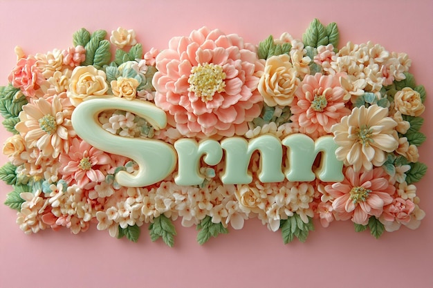 Photo floral composition with word spring on pink pastel background beautiful bouquet of spring flowers