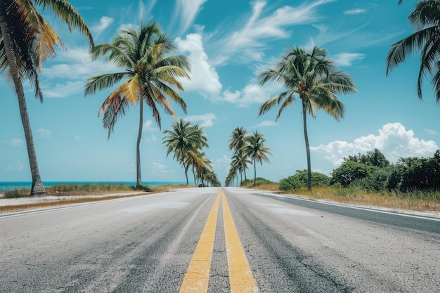 Photo florida road palm trees and beach landscape under summer sky