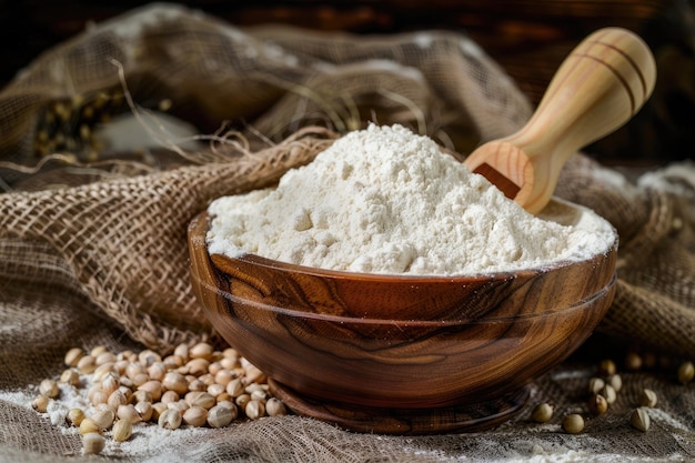 Foto farina in ciotola di legno con cereali su burlap