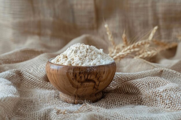 Foto farina in ciotola di legno con cereali su burlap