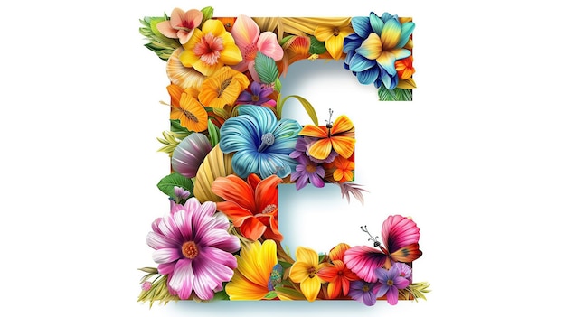 Flower 3d colorful alphabet letter E white background