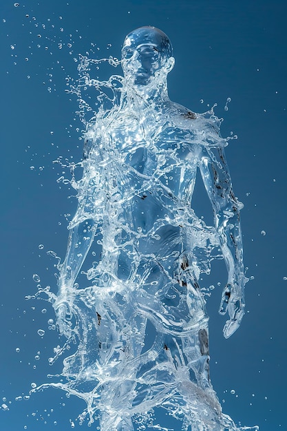 Flowing beauty emerging from moving water splashes is a human figure against blue backdrop with space Generative AI