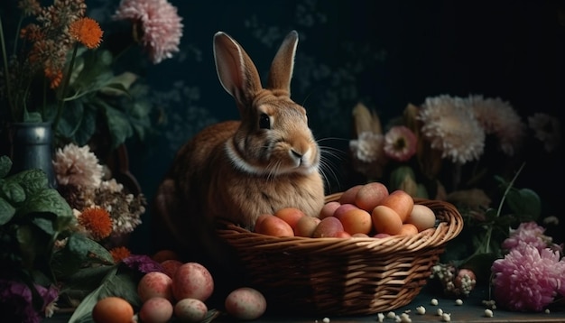 Fluffy baby rabbit on rustic wicker table generated by AI