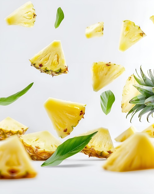 Flying in air fresh ripe whole and cut Pineapple with slices leaves isolated on white background