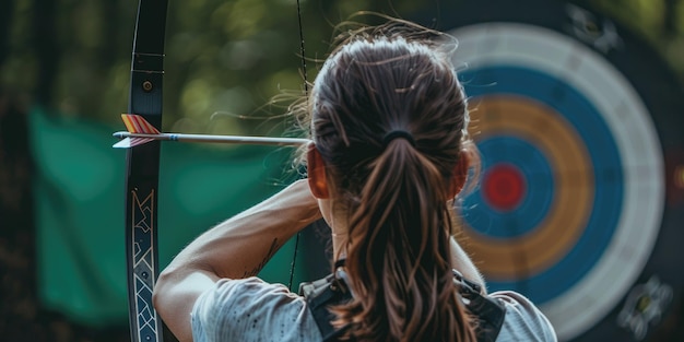 Photo a focused female archer in a woodland with determination and concentration in her eyes aig62