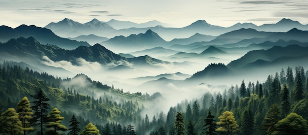 Foggy mountain landscape with coniferous forest and high peaks