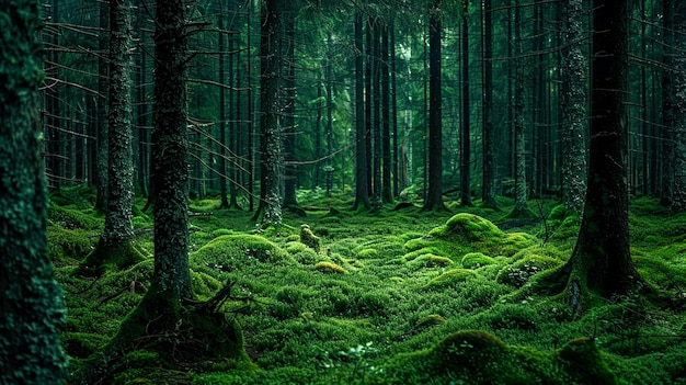 Photo a forest with moss covered trees and moss covered rocks 4k wallpaper with ghost vibes background