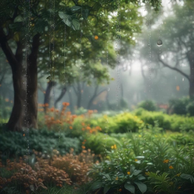 Photo a forest with a tree and flowers and a water droplet