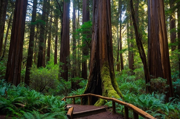 Photo a forest with a tree trunk that has moss on it