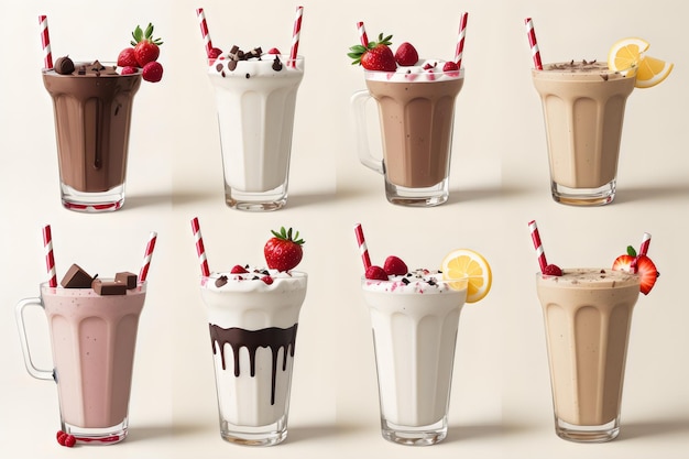 Foto foto assortiment milkshake glazen met fruit en chocolade