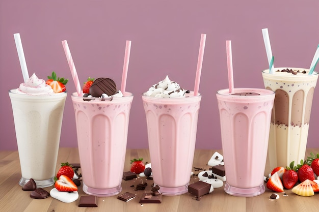 Foto foto assortiment milkshake glazen met fruit en chocolade