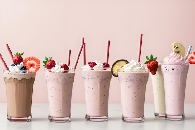 Foto foto assortiment milkshake glazen met fruit en chocolade