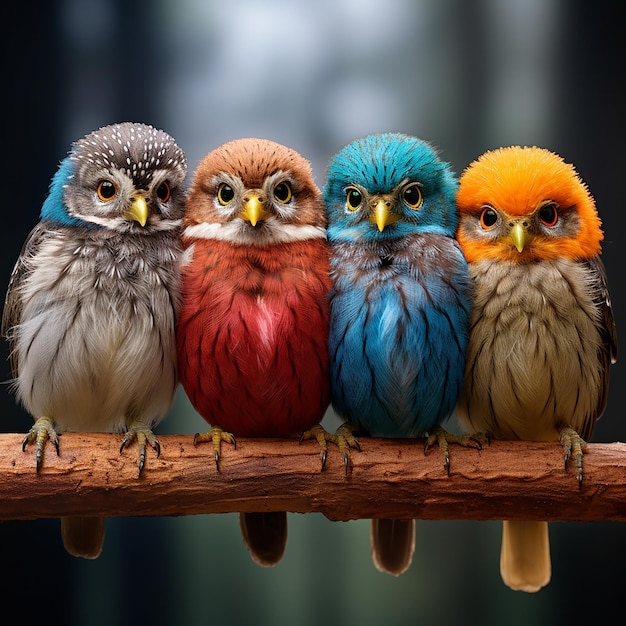 four birds are sitting on a wooden branch