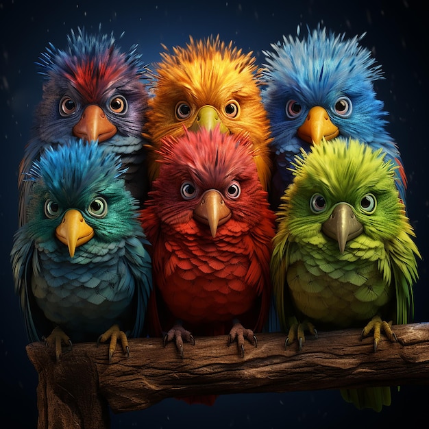 four colorful birds are lined up on a branch