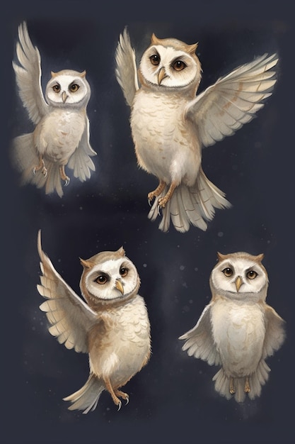 Photo four different images of a white owl with wings spread generative ai