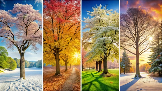 Photo four different pictures of trees with the sun shining through them